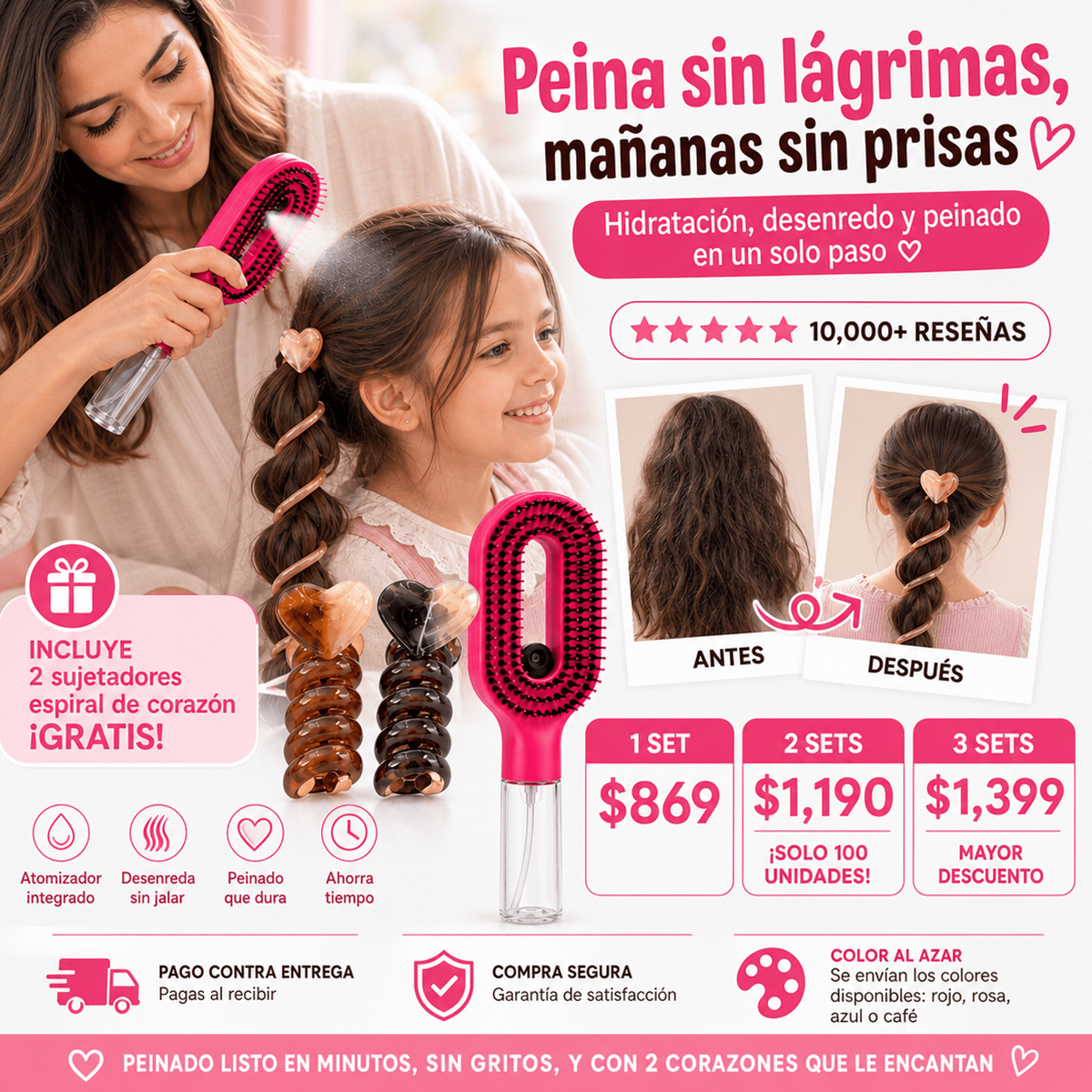 CEPILLO ATOMIZADOR Y 2 SUJETADOR CABELLO